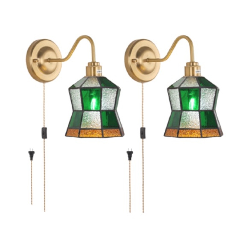 Set of 2 Vintage style Wall Sconces Glass Green & Gold Shades Plug in NIB
